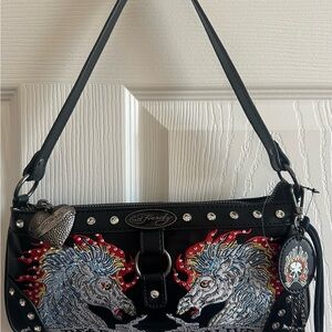 Ed Hardy Black Embroidered Double Horse Shoulder Bag new